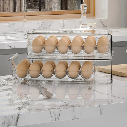 Clear BPA Free Refrigerator Organizer Bins With 18 Egg Tray Stackable Holder For Fridge Storage on marble countertop