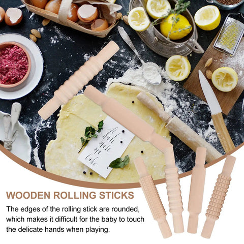 4 Piece Plasticine Rolling Pin Set With Wooden Handles For Dough, Embossing And Bakeware on baking table