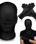 Premium Dope Black Full Face Mask and Stretchy Gloves Set for Halloween Cosplay Party Vibe Soft Polyester Trick Or Treat Badass Sinister Fit Gear Bundle, showcasing black spandex mask and gloves.