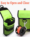 All In One Dive Gear Bag With Mesh Storage Pocket For SMB Reel And Dive Gloves in bright fluorescent yellow, open view