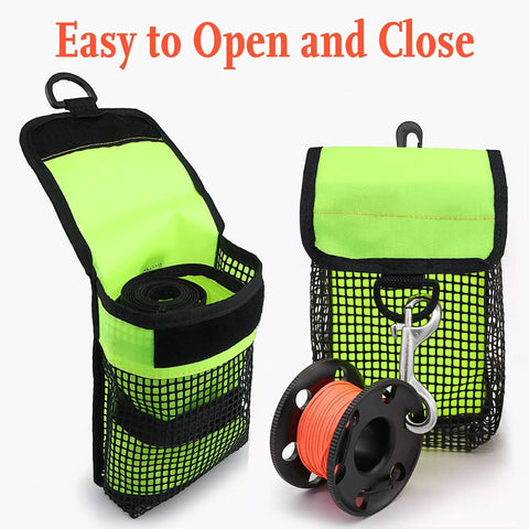 All In One Dive Gear Bag With Mesh Storage Pocket For SMB Reel And Dive Gloves in bright fluorescent yellow, open view