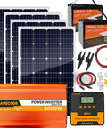 1.92Kwh Off Grid Solar Kit With 4X120W Monocrystalline Panels And 2X100Ah LiFePo4 Batteries Featuring 3000W Inverter components laid out.
