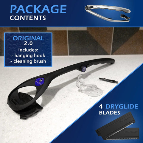 Dudes Tackle Stubborn Back Hair With This Solid DIY Body Shaver Featuring extended ergonomic handle, hanging hook, cleaning brush, and blades.