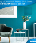 Rugged White Drywall Access Panel Fits 12 By 12 Inch Wall Cutouts With No Sweat Push To Open Latch, blends seamlessly in teal room.