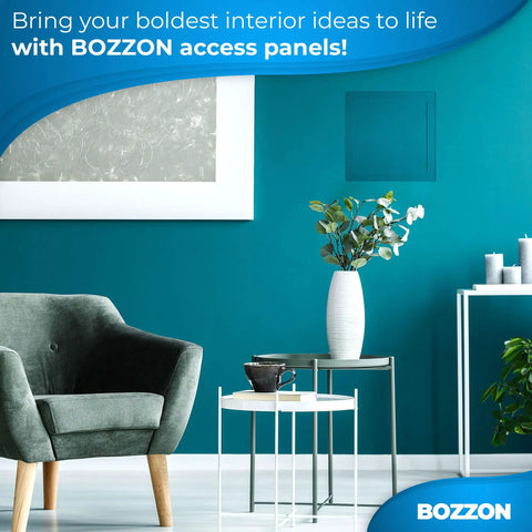 Rugged White Drywall Access Panel Fits 12 By 12 Inch Wall Cutouts With No Sweat Push To Open Latch, blends seamlessly in teal room.