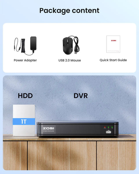 5MP 3K Lite 8 Channel CCTV DVR Recorder With AI Human And Vehicle Detection Real Time Alerts, package contents displayed