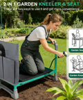Woman using 2-In-1 Garden Kneeler And Seat Foldable Bench With Non-Slip EVA Foam Pad in garden, includes storage pouches and gloves.