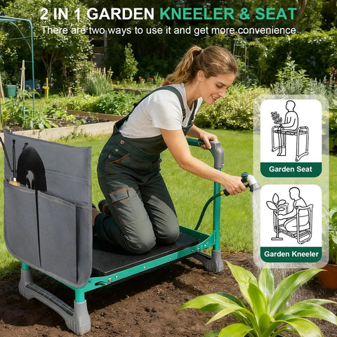 Woman using 2-In-1 Garden Kneeler And Seat Foldable Bench With Non-Slip EVA Foam Pad in garden, includes storage pouches and gloves.