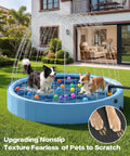 79 Inch Foldable Dog Pool With Sprinkler For Big Pups in outdoor backyard with two dogs playing, blue heavy duty hard plastic tub