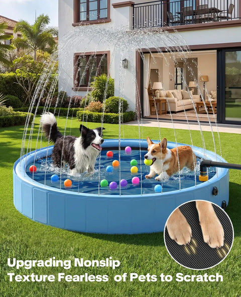 79 Inch Foldable Dog Pool With Sprinkler For Big Pups in outdoor backyard with two dogs playing, blue heavy duty hard plastic tub