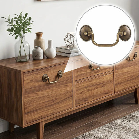 4 Pcs Antique Bronze Drop Bail Drawer Pulls Vintage Vibes For Cabinets Closets And Furniture Small 3.3 Inch Center Hole 4.5 Inch Total Length With Screws shown on wooden cabinet