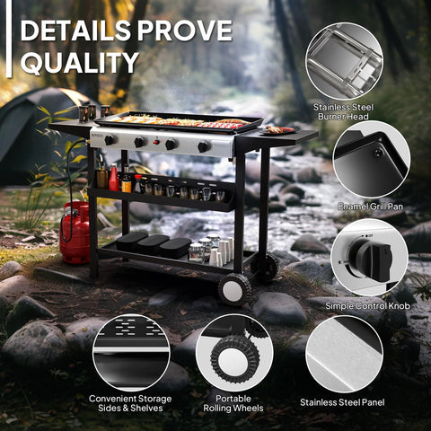 Four Burner Portable Propane Griddle With Electronic Ignition 40,000 BTU Flat Top Gas Grill Rolling Cart Outdoor Camping