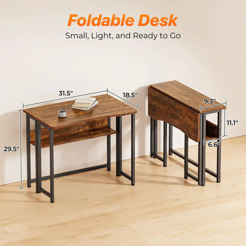 Foldable Computer Desk With Storage Shelf For Small Spaces Space Saving Sofa Table Beside The Couch Easy To Fold Rustic Brown Finish