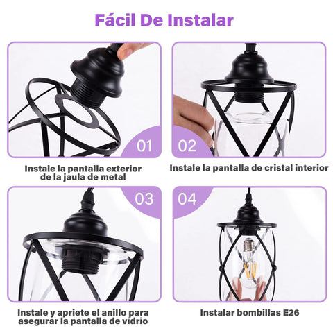 Installation guide for Dope Three Light Industrial Pendant Light with black metal cage and glass shades, E26 base.