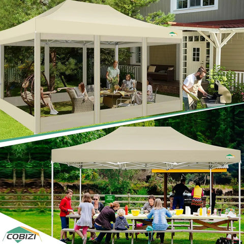 10 By 15 Heavy Duty Pop Up Canopy With Four Sidewalls And Mosquito Netting Easy Up Screen Tent in use at outdoor gathering