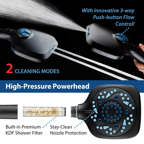 Black Six Way High Pressure Showerhead System With 82 Spray Modes and Dual Cleaning Modes