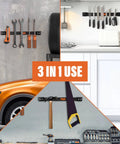 12 Inch Magnetic Tool Holder Strip For Garage And Workshop Organization, mounted on wall with tools and knives
