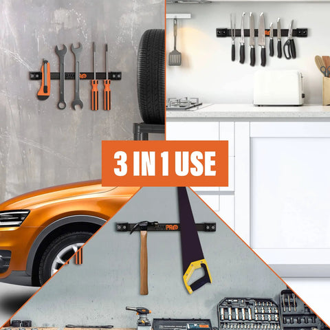 12 Inch Magnetic Tool Holder Strip For Garage And Workshop Organization, mounted on wall with tools and knives
