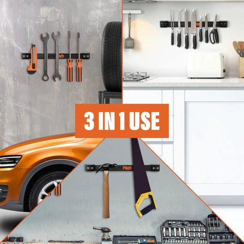 12 Inch Magnetic Tool Holder Strip for Garage and Workshop Organization shown holding tools, knives, and more.