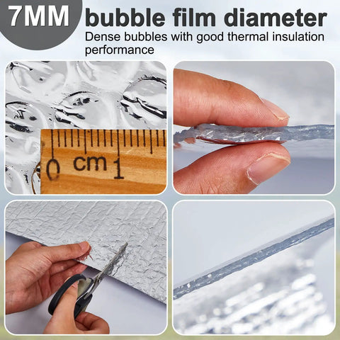 Close-up of Double Bubble Reflective Foil Insulation Roll with ruler showing 7mm thickness and cutting demonstration.