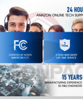 Image showing customer support representatives with text highlighting 24-hour Amazon tech support and FCC certification.