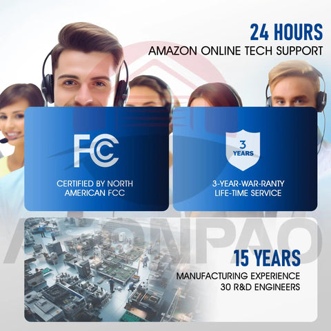 Image showing customer support representatives with text highlighting 24-hour Amazon tech support and FCC certification.