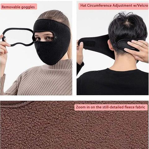 Winter Warm Mask With Ear Cove Full Face Shield Headgear shown with removable goggles and Velcro adjustment on polar fleece fabric.