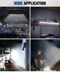Collage showing 25 Inch LED Underhood Work Light With Foldable Bar Three Lighting Modes Low Medium High in various uses