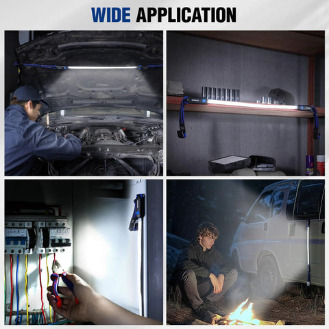 Collage showing 25 Inch LED Underhood Work Light With Foldable Bar Three Lighting Modes Low Medium High in various uses