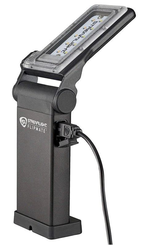 Flipmate 500 Lumen USB Rechargeable Multi Function Compact Work Light Black with Cool White LEDs on stand with charging cable
