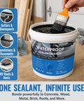Big Time Roof Saver Black Waterproof Rubber Sealant For Flat And Metal Roofs With Flexible Crack Bridge That Moves With Building Shifts And Locks Out Water Damage For Good Without Any Headaches in a quart bucket with a brush.
