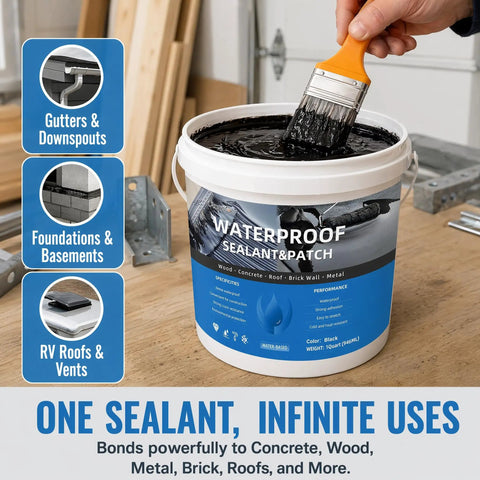 Big Time Roof Saver Black Waterproof Rubber Sealant For Flat And Metal Roofs With Flexible Crack Bridge That Moves With Building Shifts And Locks Out Water Damage For Good Without Any Headaches in a quart bucket with a brush.