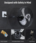 Industrial 18 Inch Wall Mount Fan With 4200 CFM High Velocity Airflow, thick copper wiring, insulated motor cover, 3-pin plug, black