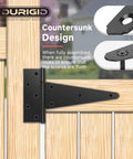 6 Pack 10 Inch T Hinge Heavy Duty Hinges For Wood Doors Shed Doors Fence Gates Barn Doors Outdoor Use Corrosion Resistant Powder Coated Black Finish For Long Lasting Outdoor Durability displayed with countersunk design on a wood gate