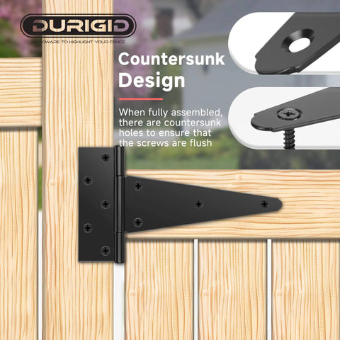 6 Pack 10 Inch T Hinge Heavy Duty Hinges For Wood Doors Shed Doors Fence Gates Barn Doors Outdoor Use Corrosion Resistant Powder Coated Black Finish For Long Lasting Outdoor Durability displayed with countersunk design on a wood gate