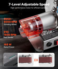 Badass Three In One Compact Belt Sander Setup With 13 Inch Sanding Strap And 2.75 Inch Grinding Wheel Combo close-up of motor speed settings and grinding wheel.
