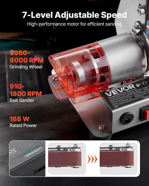 Badass Three In One Compact Belt Sander Setup With 13 Inch Sanding Strap And 2.75 Inch Grinding Wheel Combo close-up of motor speed settings and grinding wheel.