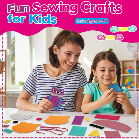 Mother and daughter using DIY Felt Sewing Kit For Kids Aged 5 To 10 7 Easy Projects Like Fox Bag at a table.