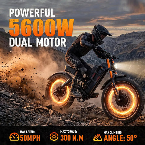6000W Beast Electric Bike For Adults Cracking 52 Mph With 60V 80Ah Battery Churns 300 Plus Miles; rider on bike in rocky terrain.