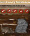 Four Pack Steel Wool For Mice Control 3.1 Inch By 13 Foot Coarse Grade Gap Filler shown blocking mouse at wooden gap