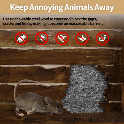Four Pack Steel Wool For Mice Control 3.1 Inch By 13 Foot Coarse Grade Gap Filler shown blocking mouse at wooden gap
