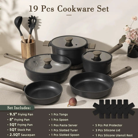 Nonstick Titanium 19 Piece Pots And Pans Set For Induction Cooktops No Fuss Cleanup Non Toxic Healthy Kitchenware displayed