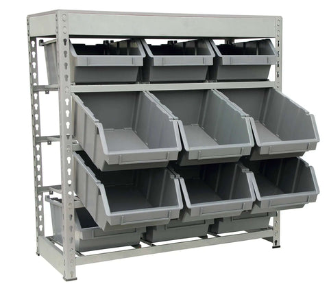 Boltless Steel Storage Rack With 12 Plastic Bins In Four Tiers Or 9 Bins In Three Tiers, 33 Inch Wide By 15 Inch Deep By 36 Inch High