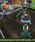 Compact 16.4 Oz Propane Tank Pack Of 2 For Camping Stoves with pot, outdoor cooking setup on ground next to table.