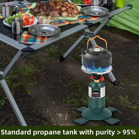 Compact 16.4 Oz Propane Tank Pack Of 2 For Camping Stoves with pot, outdoor cooking setup on ground next to table.