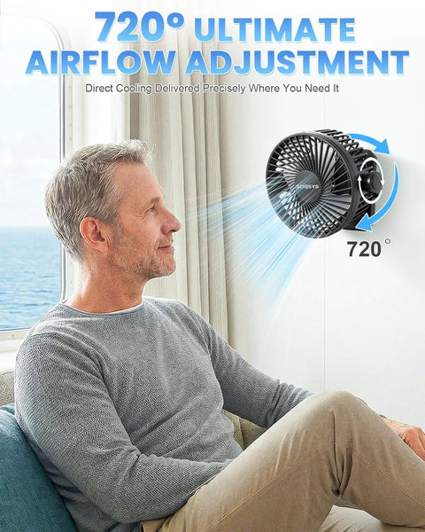 Man enjoying cooling from Magnetic Cruise Approved Travel Fan With 12000mAh Battery, 3 Speeds, Timer, Led Lights, Power Output