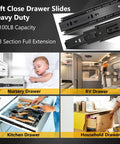 22 Inch Ball Bearing Drawer Slides Set 6 Pairs 12 Pieces With Screws 100 Lb Capacity Full Extension Beefy Side Mount For Kitchen Cabinets Wardrobes And Office Furniture Black, shown in various uses including nursery, RV, kitchen, and household drawers.