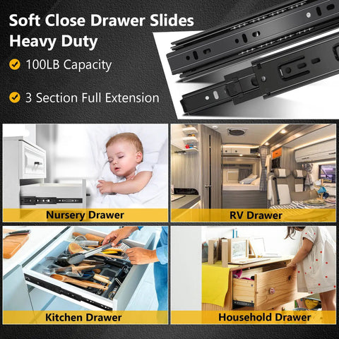 Built Tough 14 Inch Ball Bearing Drawer Slides Six Pairs Heavy Duty Side Mount Tracks Black Finish in nursery and kitchen setups.