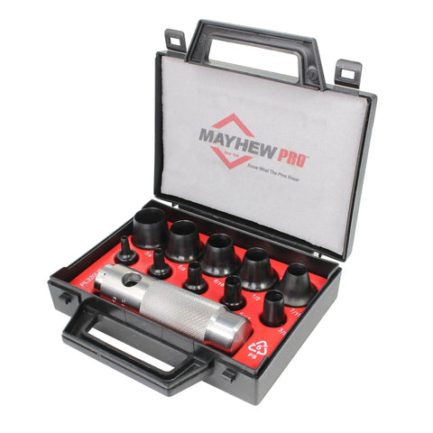 Open plastic case displaying 11-piece Ultra Handy Hollow Punch Set for leather, vinyl, cloth, and light sheet metal gaskets.