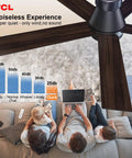 52 Inch Ceiling Fan With Lights Black Flush Mount Remote Control over living room depicting noise levels comparison chart and usage scene.